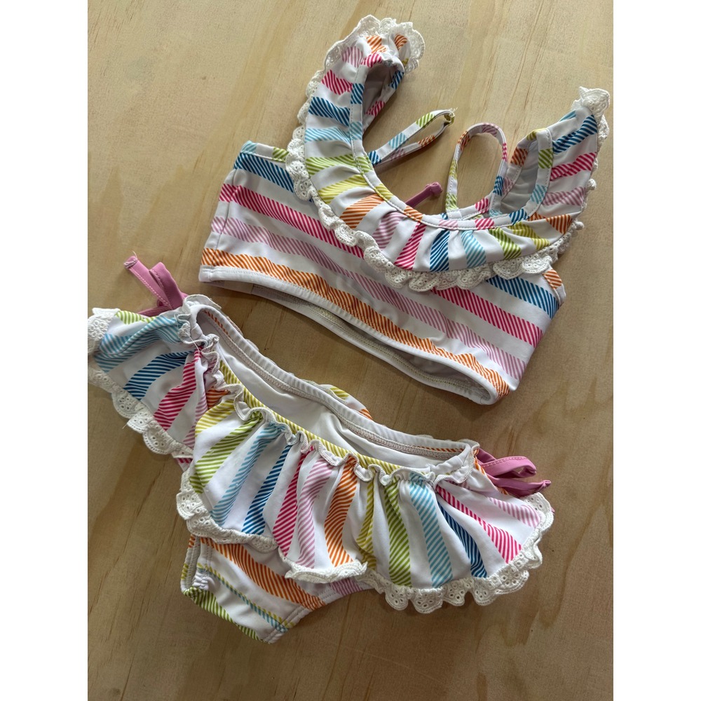 Cheeky Plum 4T Rainbow Stripe Ruffle Bikini Cottagecore Beach Girl Swimwear Cute